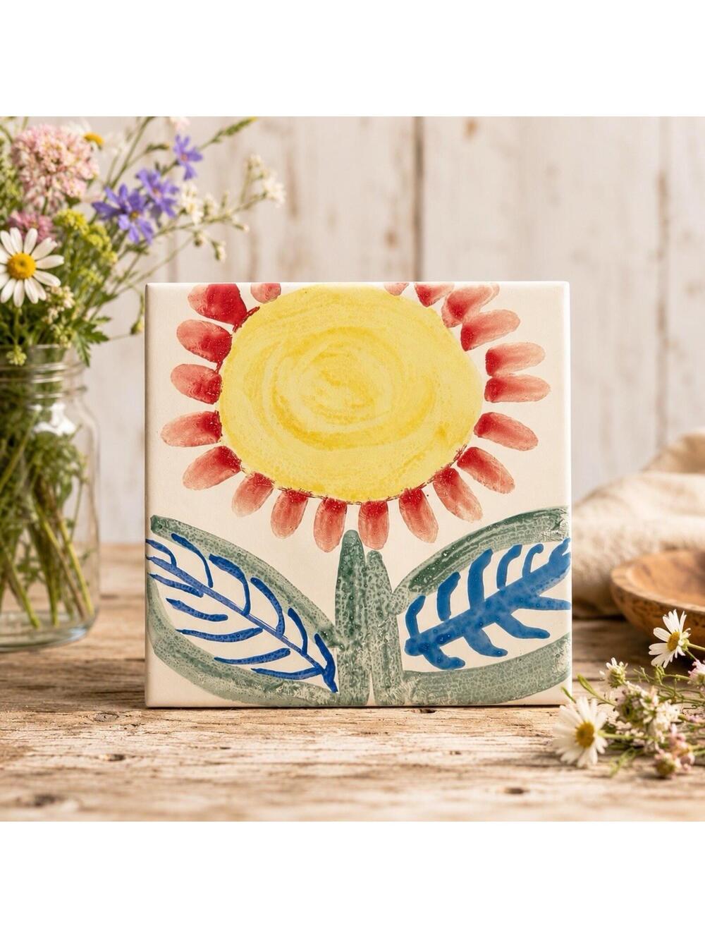 H&R Johnson Tiles 1970s Sunflower Folk Art Ceramic Tile Trivet, 6x6”